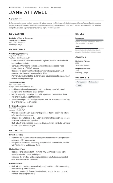 Copernicus resume template: photo header, two-column