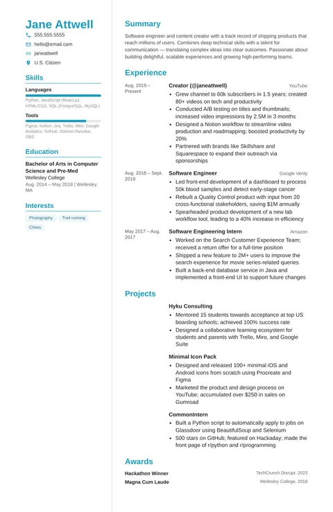 Galileo resume template: sidebar, photo & skill bars